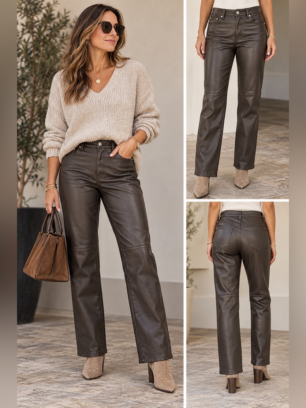 Bershka Faux Leather Straight Leg Pants Dark Brown Medium